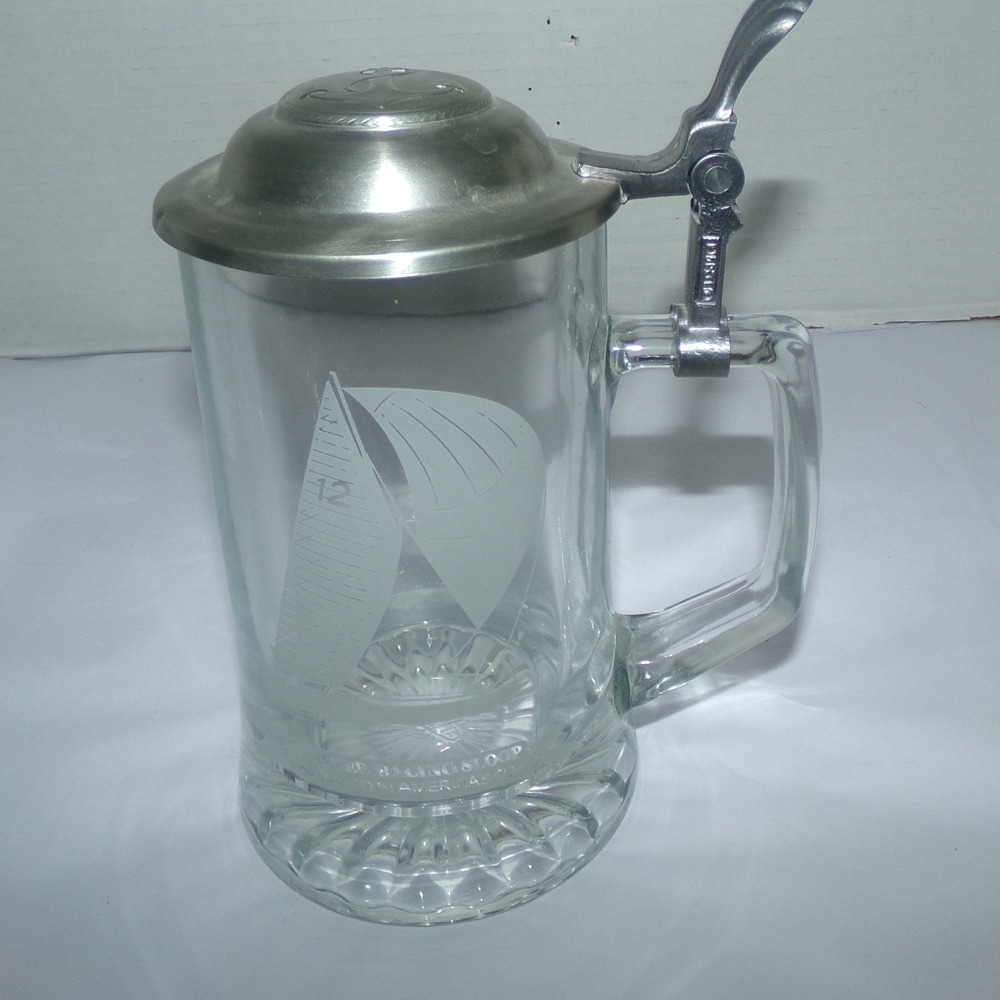 Vintage 12 Meter Racing Sloop America's Cup Glass Beer Stein Pewter Lid Anchor